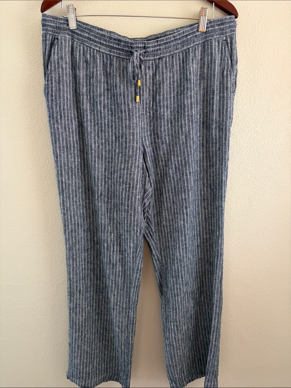 Ellen Tracy linen women’s casual striped wide leg pants| blue/white | size large